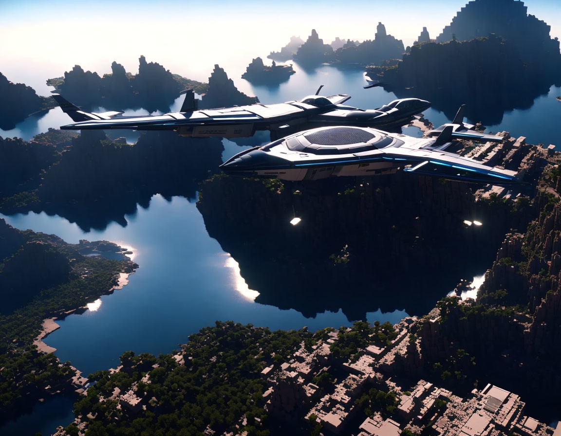 Futuristic aircraft over serene landscape with river, forests, and rock formations