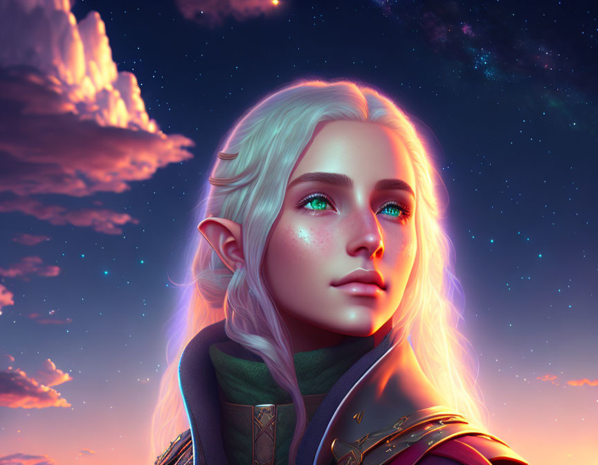 Fantasy character with pointed ears and platinum blond hair under twilight sky