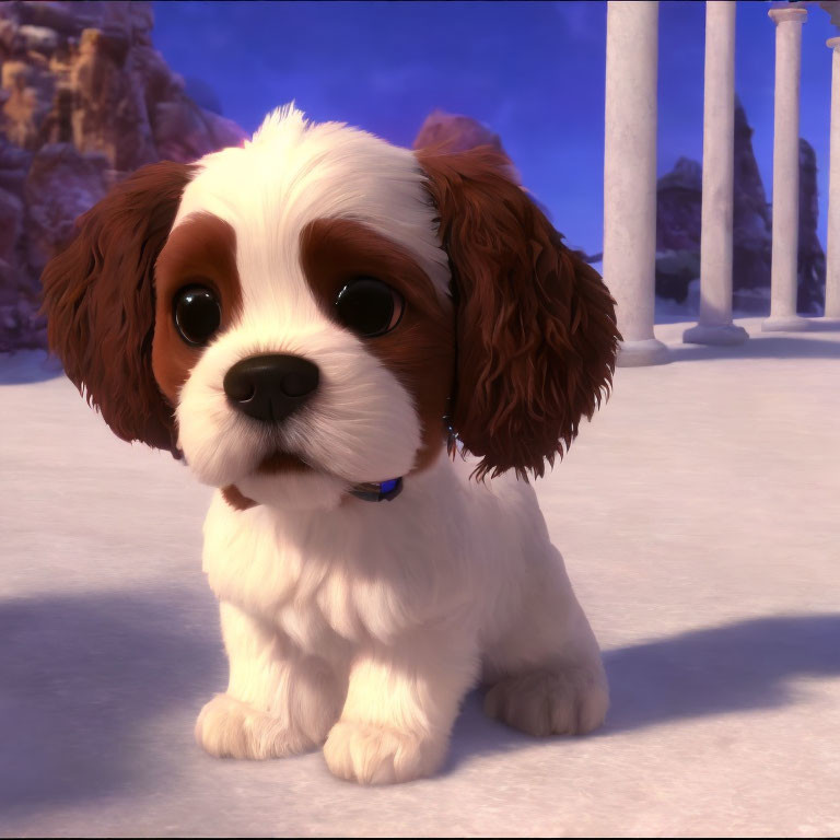 Brown-eared animated puppy with white fur and blue collar in snowy landscape with ancient pillars