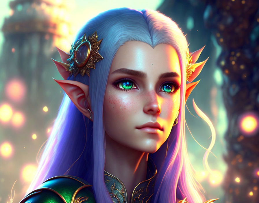 Digital portrait of female elf with green eyes, gold-adorned ears, blue hair, in forest