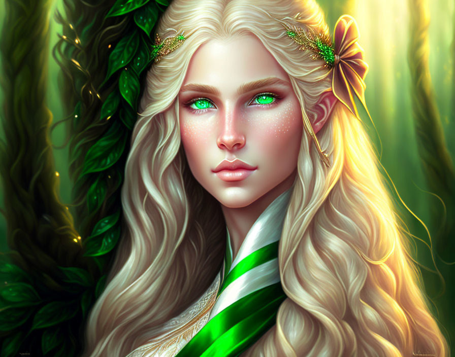 Fantasy portrait featuring female with long wavy hair and green eyes in lush greenery