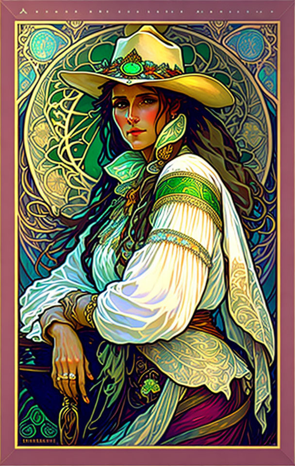 Illustrated woman in ornate clothing and hat against Art Nouveau background.