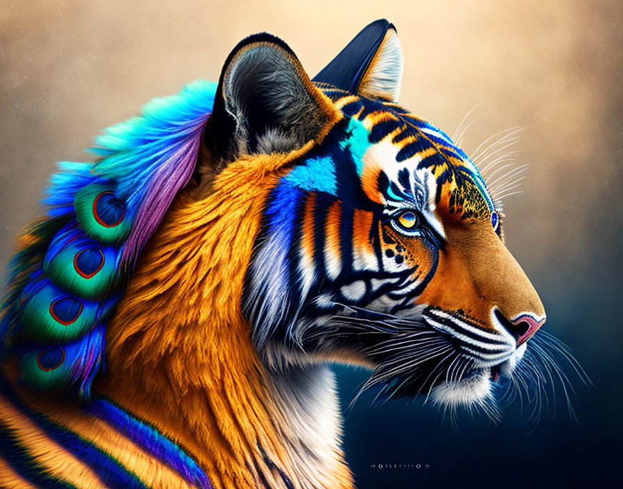 Colorful Tiger Digital Artwork with Peacock Feather-Like Design