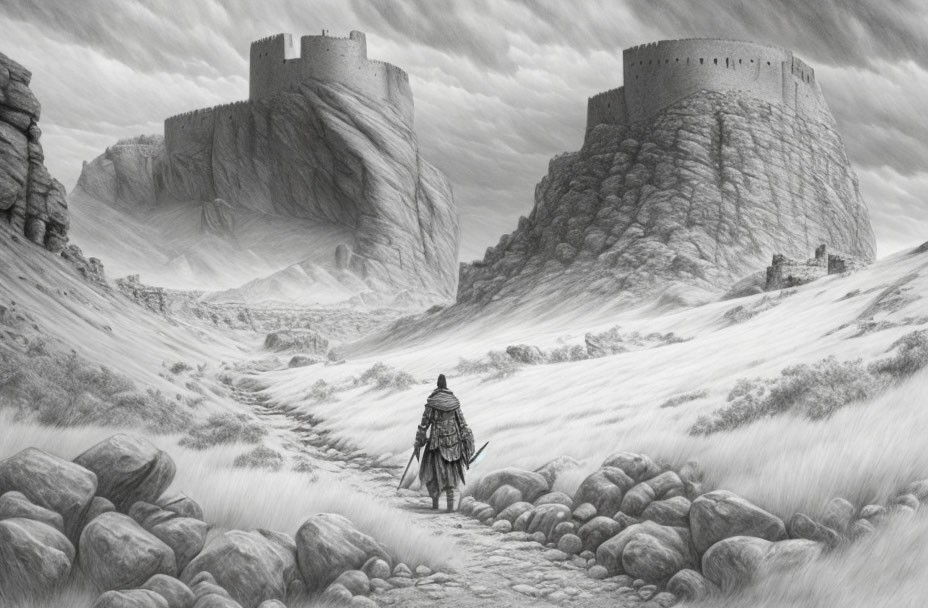 Monochrome image of knight walking to twin castles