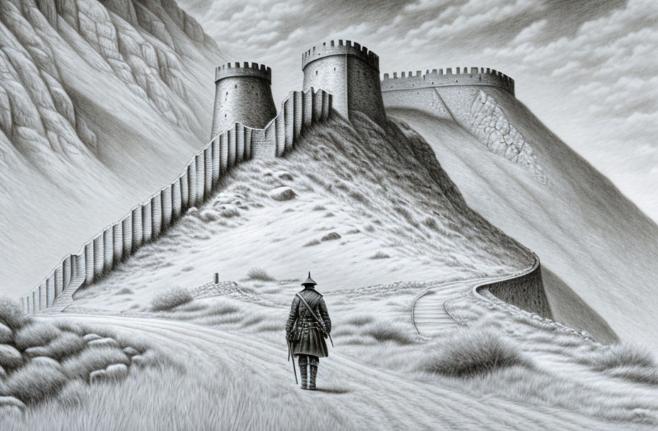 Monochrome illustration of person walking to fortress