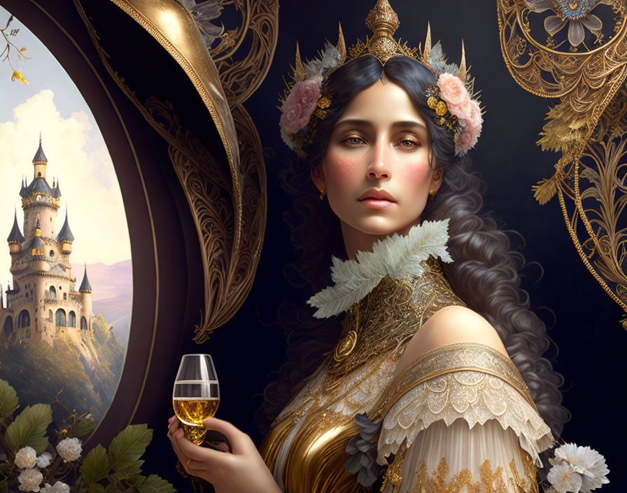 Regal woman in gold-trimmed dress with wine glass and castle backdrop