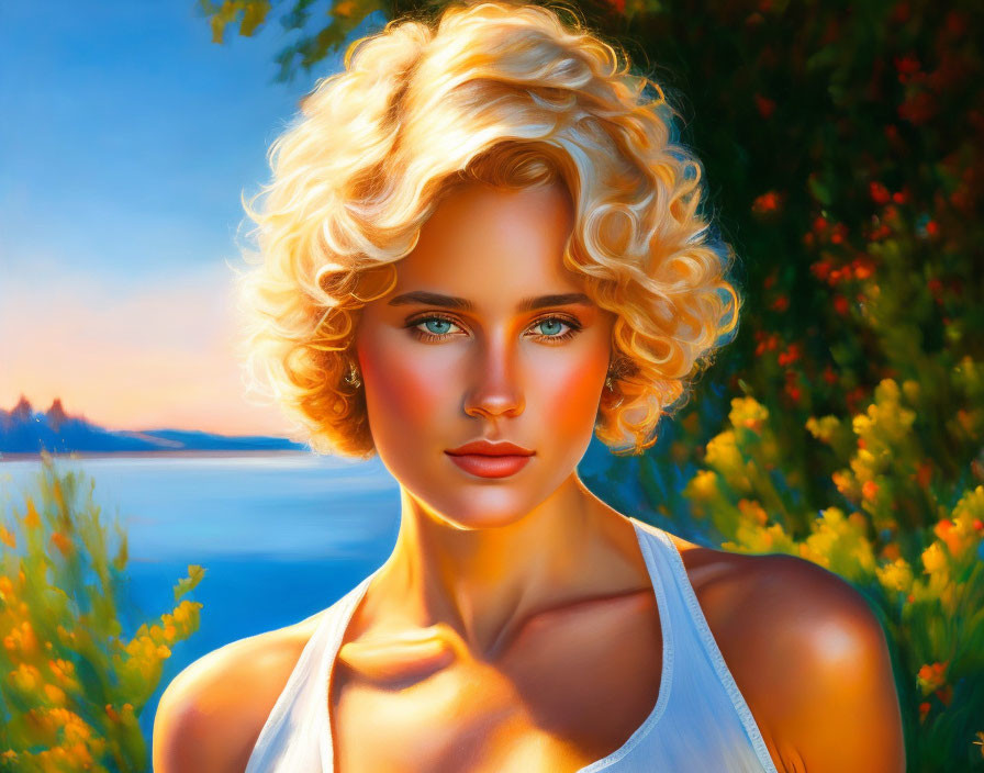 Blonde Curly-Haired Woman in White Top with Sunlight and Greenery