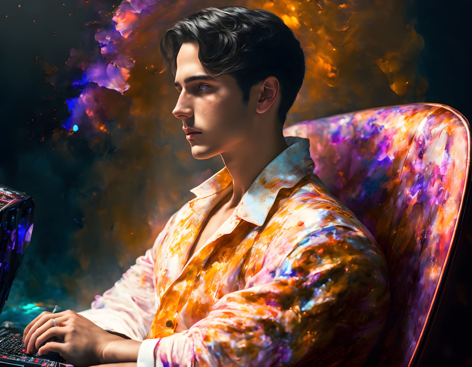 Young man immersed in fiery digital art effects while working on laptop