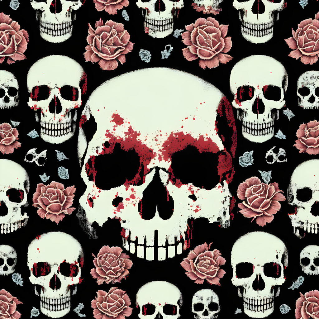 Black background with white skulls, pink roses, and central skull with red splatters