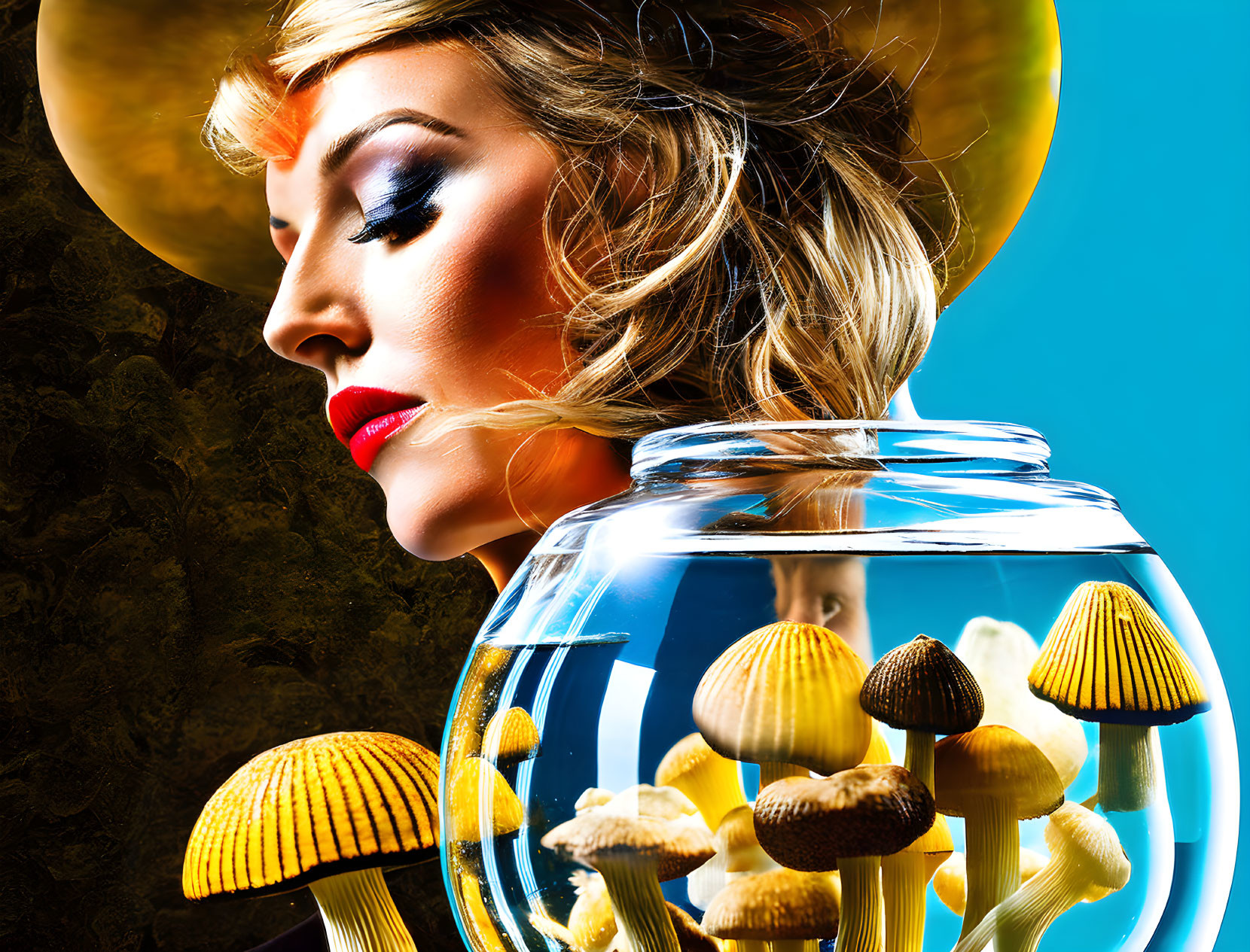 Bold makeup woman with golden hat & fishbowl of mushrooms on blue-gold background