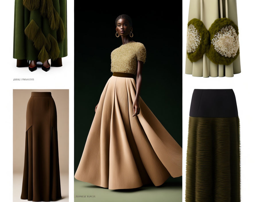 Fashion collage featuring elegant cream top, pleated tan skirt, green pleated garment, and textured skirts