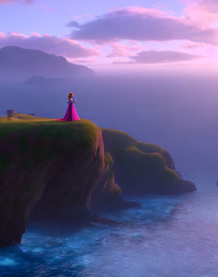 Person in Pink Dress Overlooking Tranquil Sea at Sunset