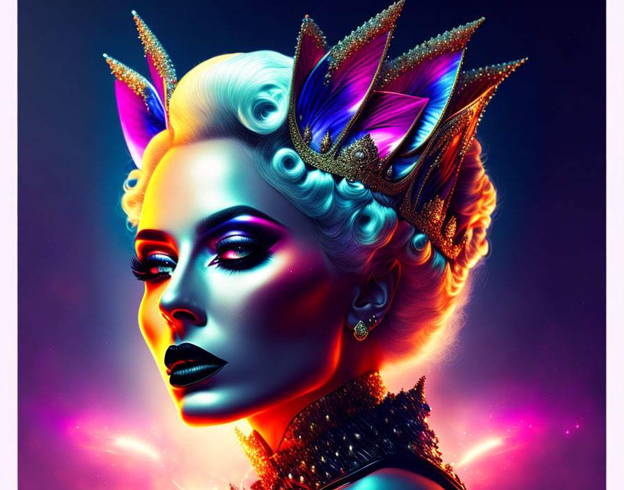 Colorful digital portrait of a woman with a crown in neon tones