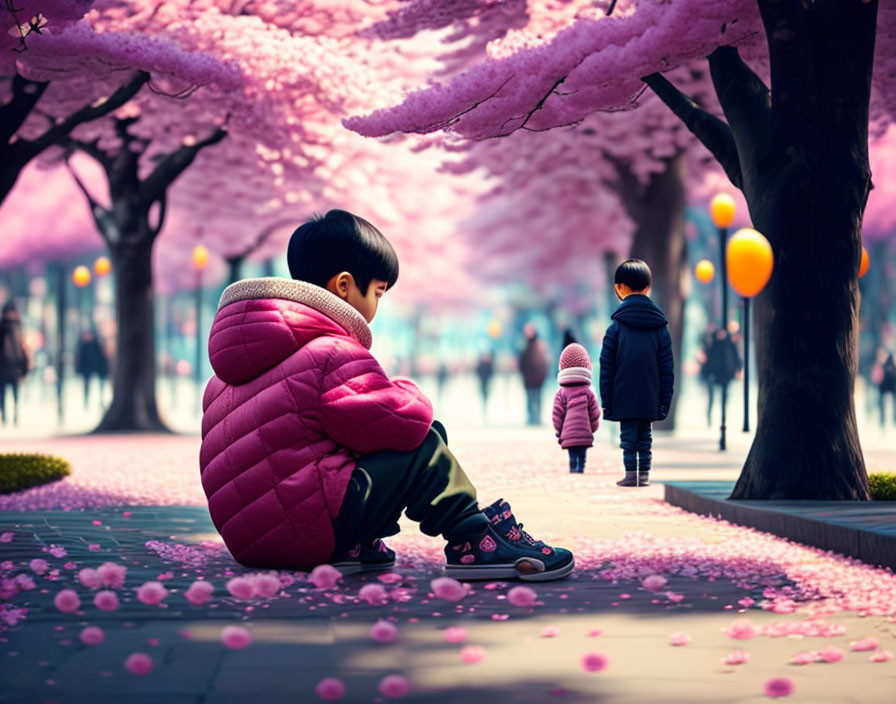 Child in pink jacket observing another child near cherry blossom trees