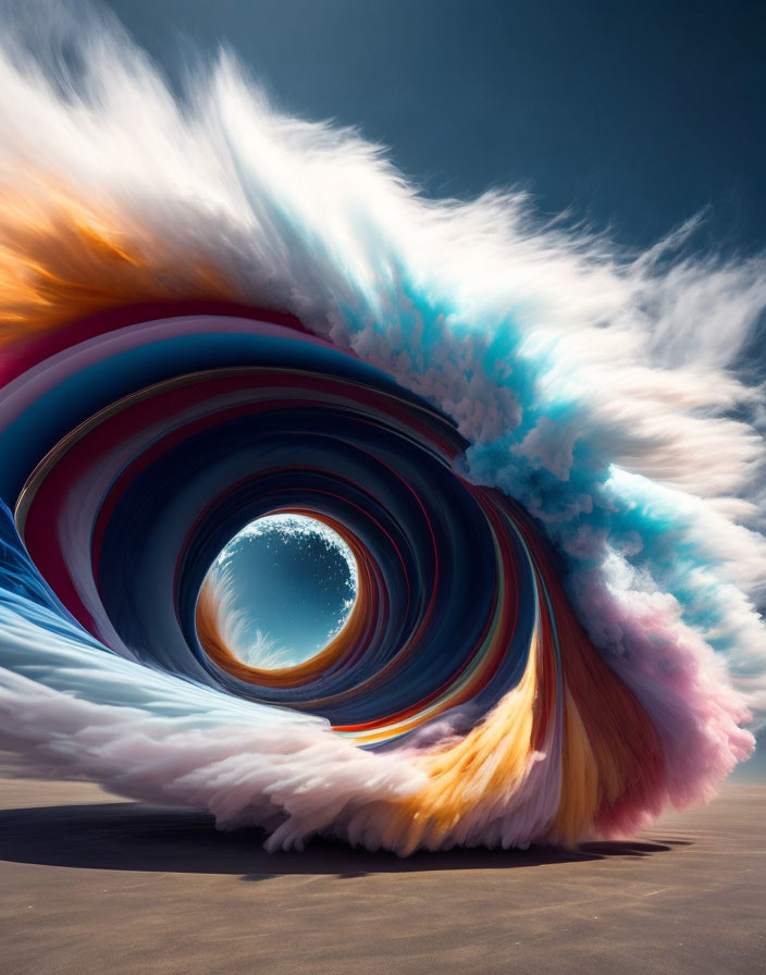 Colorful surreal swirling vortex against serene sky