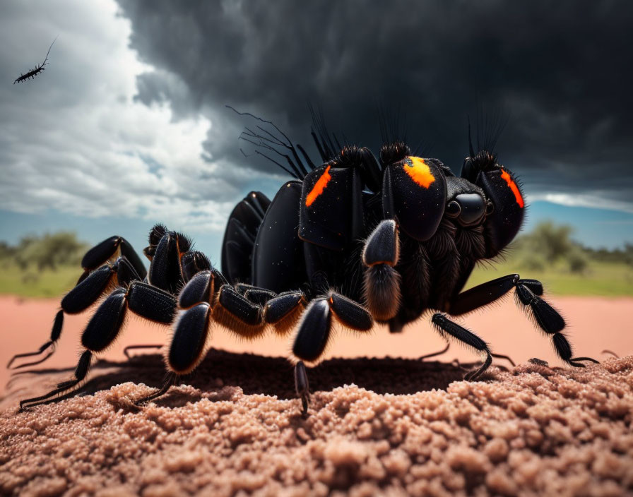 Detailed hyperrealistic image of ant on sandy ground with dark skies and flying insect.