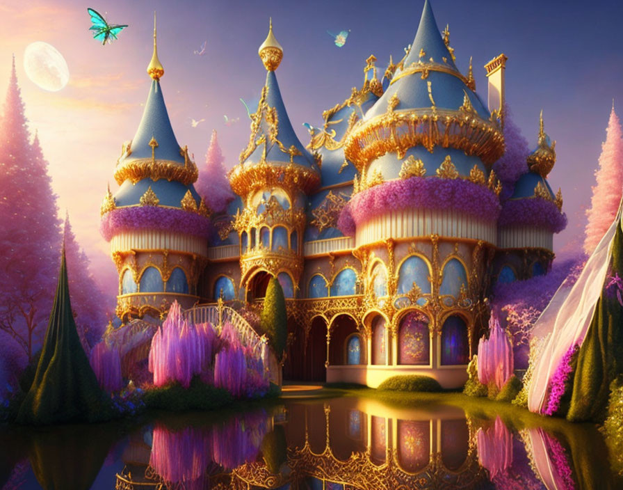 Enchanting castle with golden spires in a magical night scene