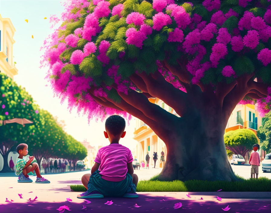 Children under tree with pink blossoms and boulevard background