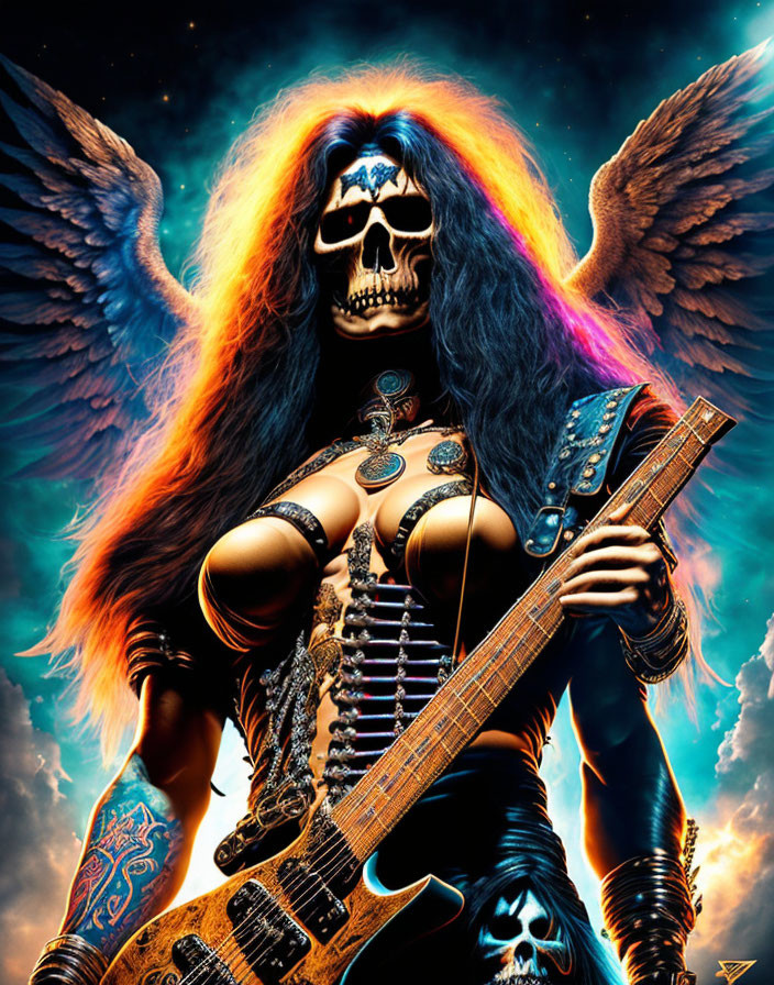 Colorful-haired skeletal figure with angelic wings and guitar on cosmic blue background