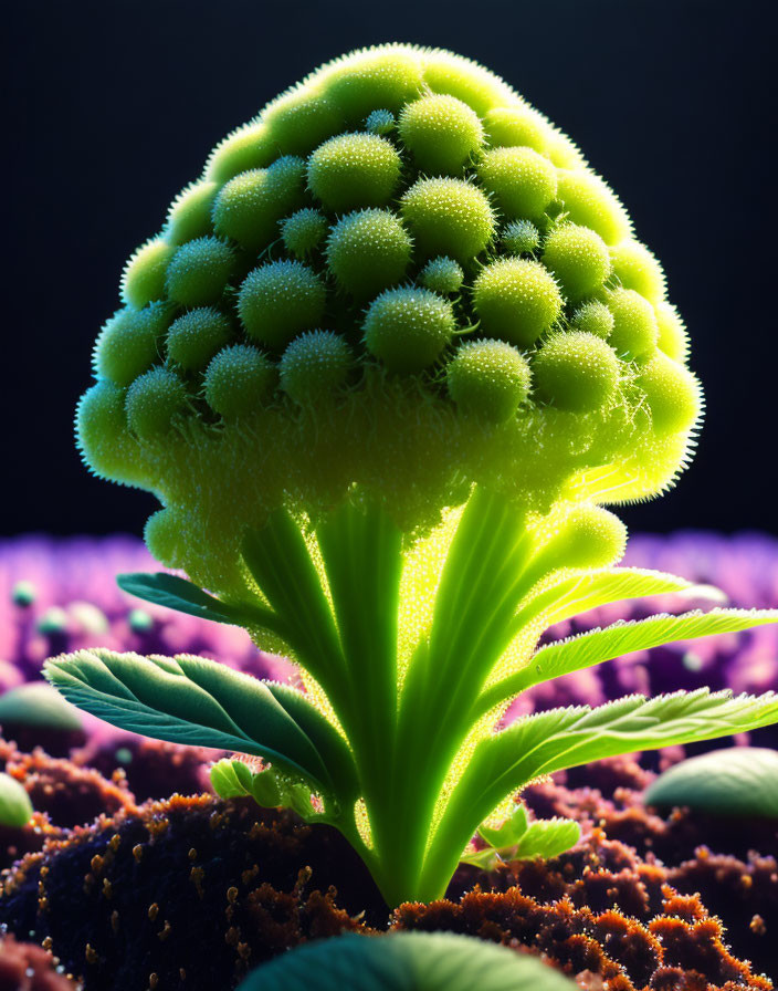 Fantasy plant with neon-green glow and dome-shaped top on dark background.