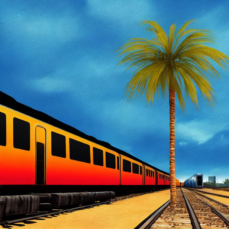 Colorful train on tracks with palm tree under blue sky