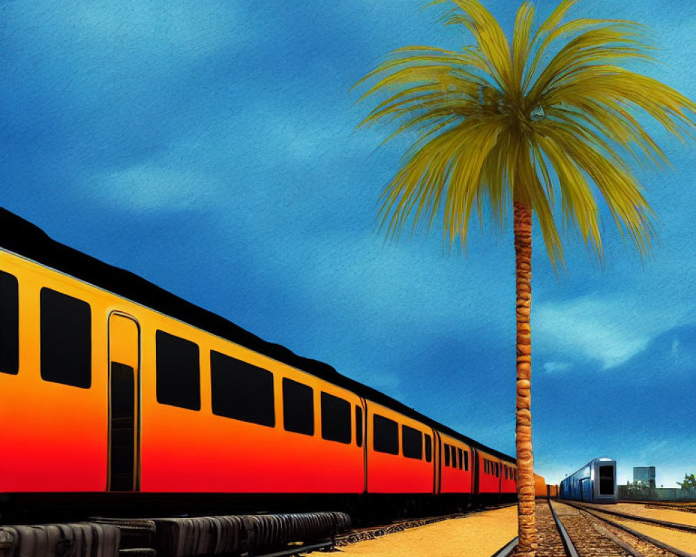 Colorful train on tracks with palm tree under blue sky