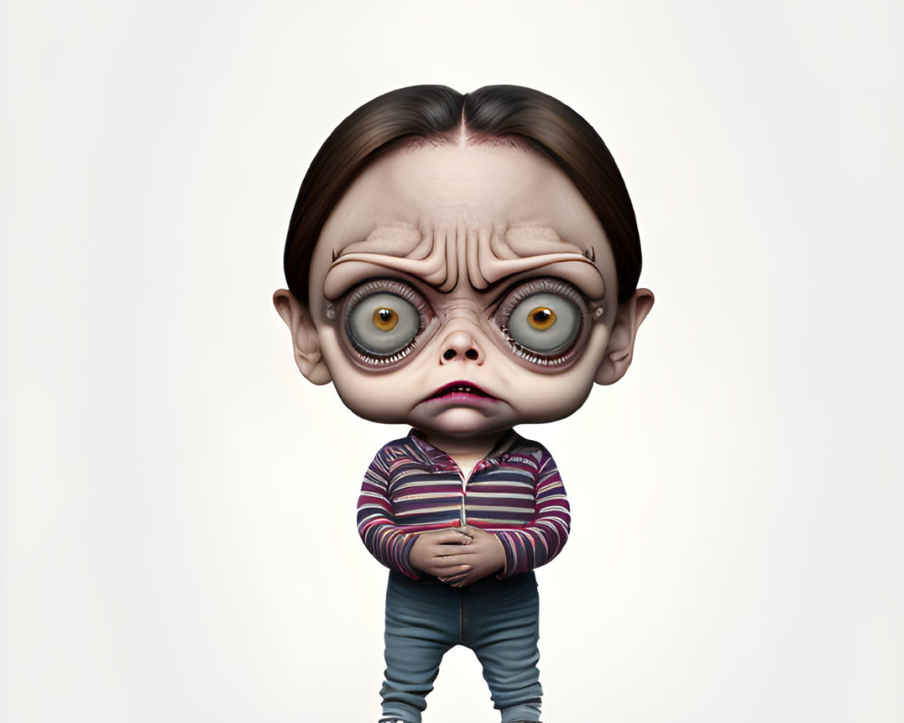 Digital Artwork: Character with Large Eyes, Surprised Expression, Striped Sweater, Jeans