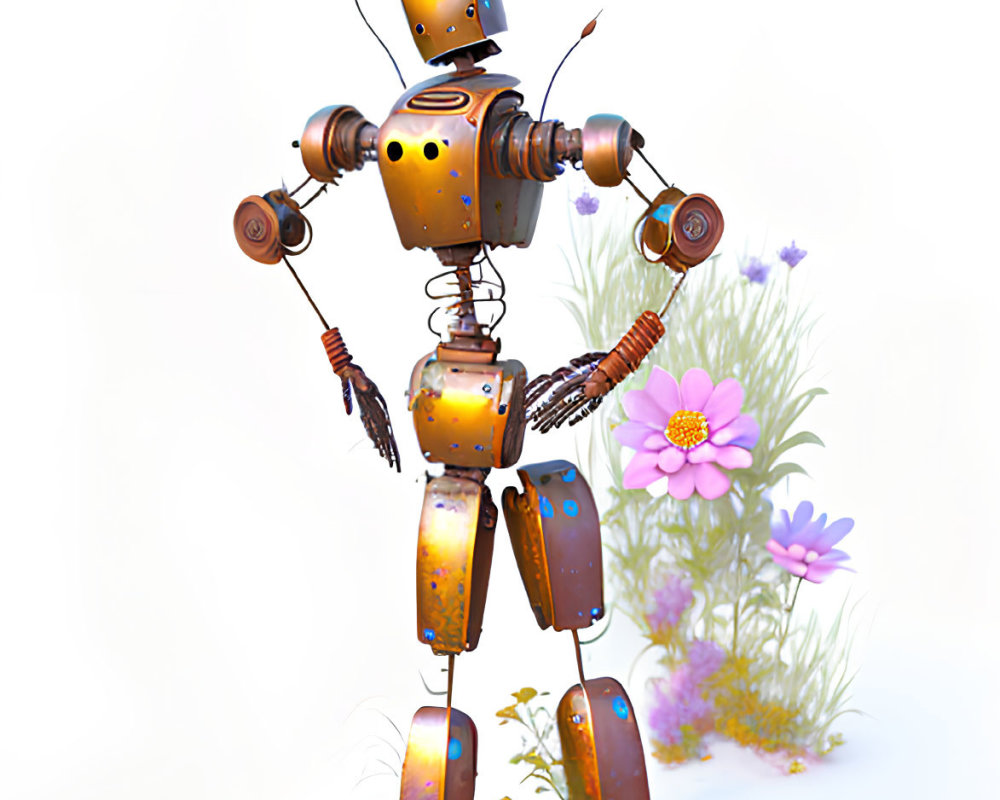 Rusted robot with bucket head and light bulb eyes among flowers