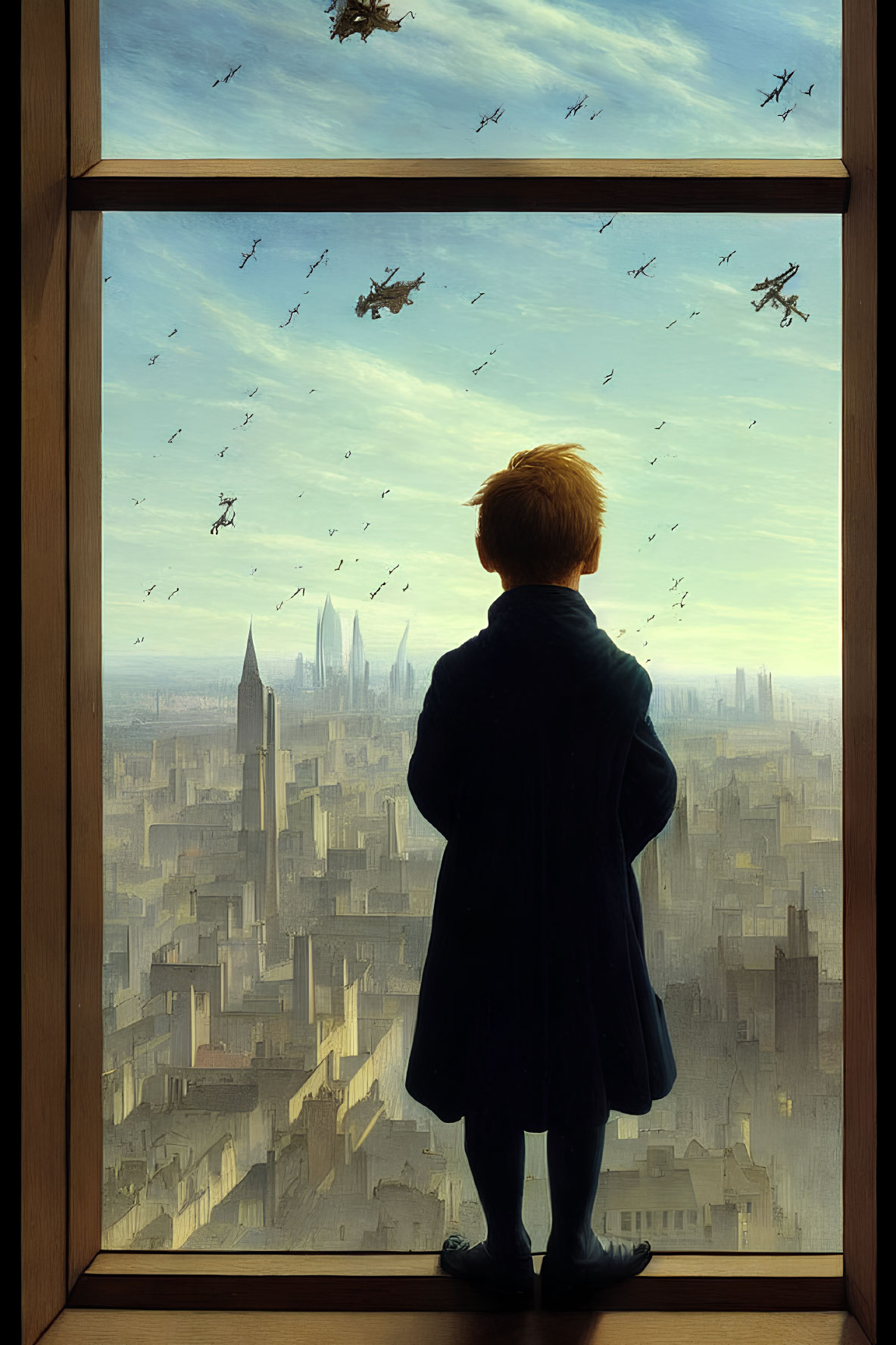 Child looking at cityscape with flying dragons in golden sky