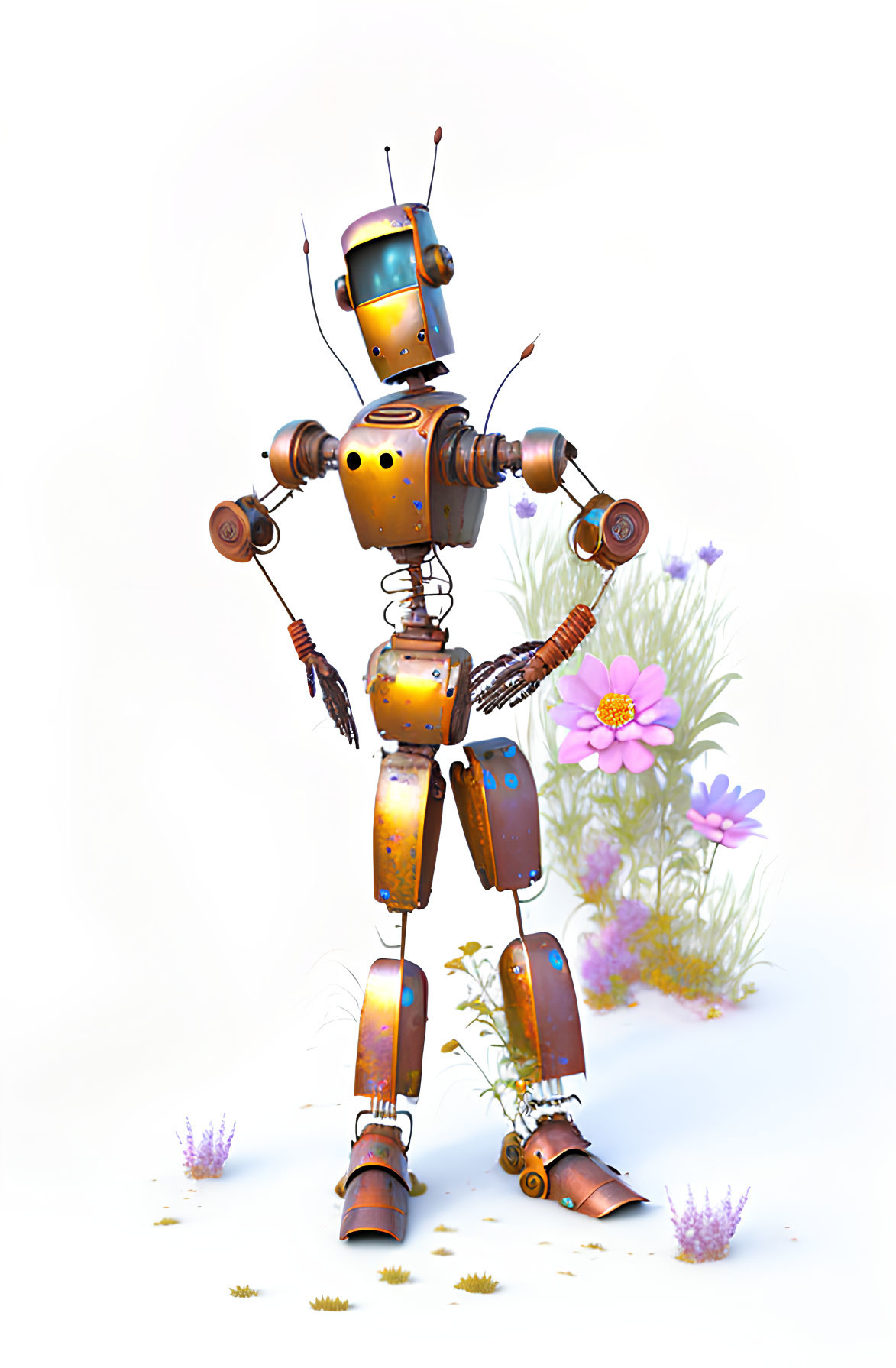 Rusted robot with bucket head and light bulb eyes among flowers