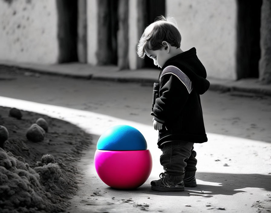 Child in Black Hoodie Observing Colorful Ball on Path