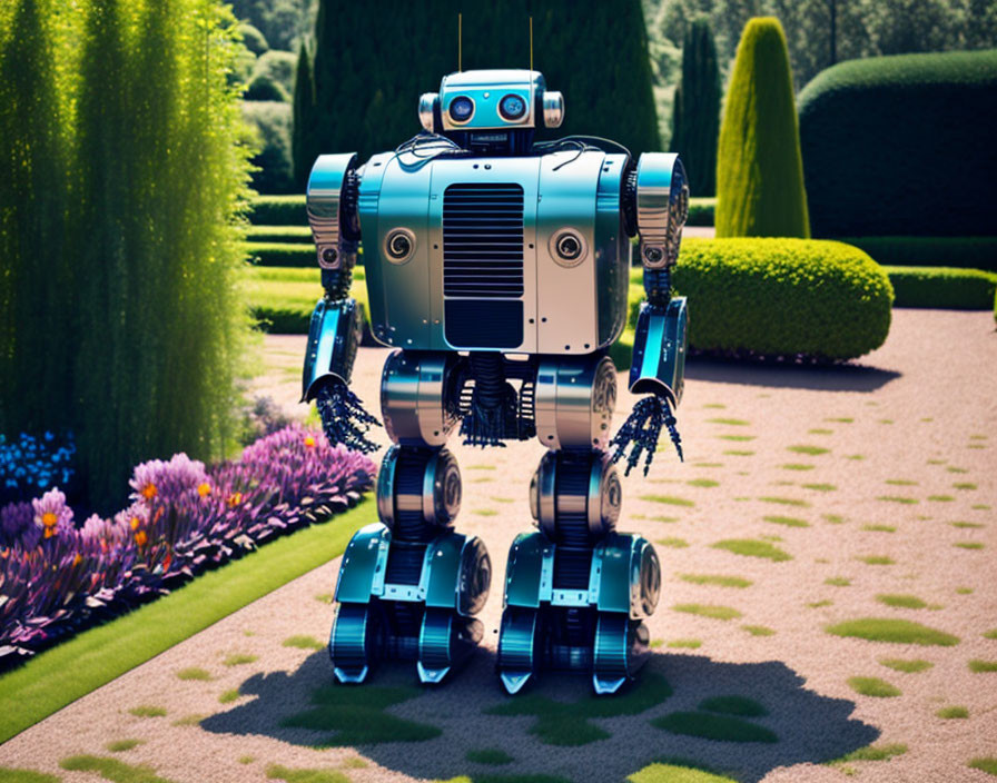 Blue-accented retro robot in manicured garden with colorful flowerbeds