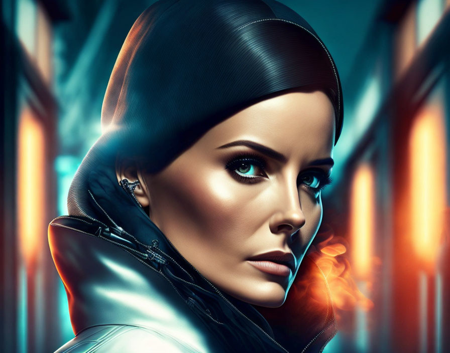 Stylized digital portrait of woman with slicked-back hair and high-collar jacket against neon-lit