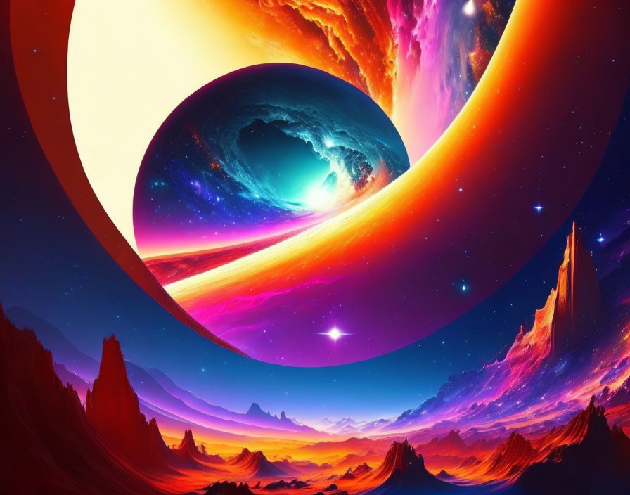 Vibrant surreal cosmic landscape with large planet and dazzling stars