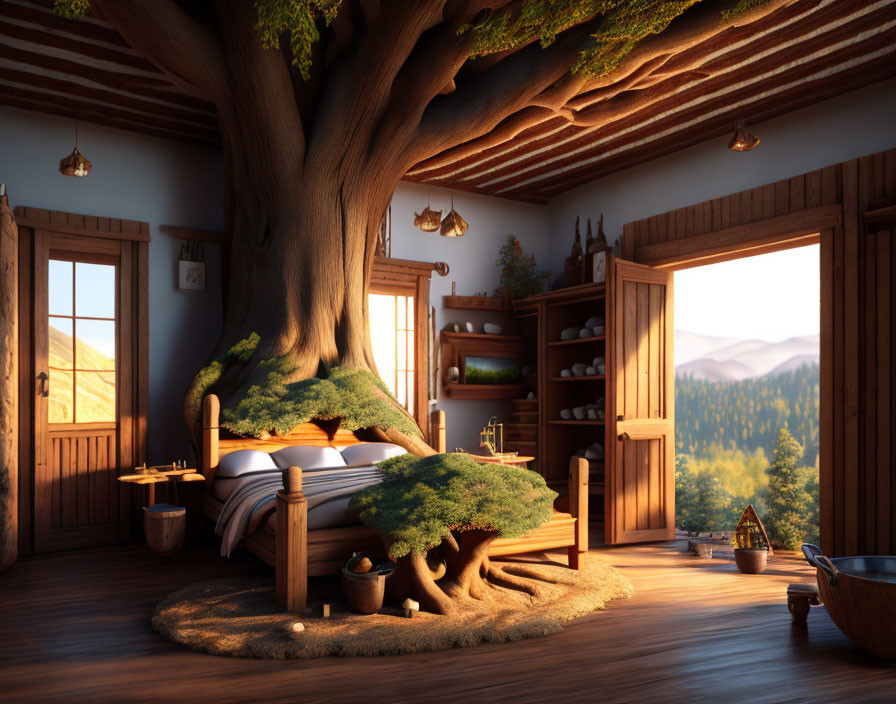 Bedroom with tree canopy over bed and sunlight filtering in