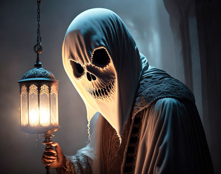 Skull-faced figure in hooded cloak with lantern in eerie setting