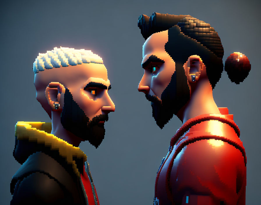 Stylized male characters with beards, one white-haired, facing each other in red tops on