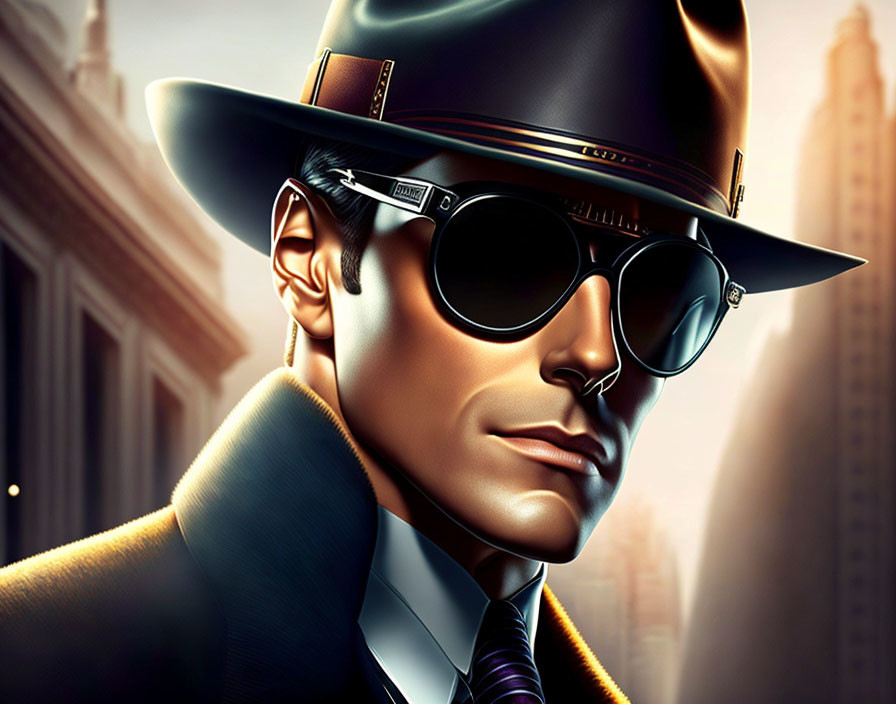 Stylish man in suit and hat with sunglasses against city backdrop