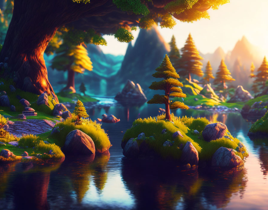 Tranquil river, lush trees, warm sunset landscape