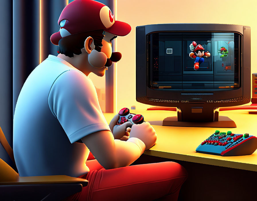 Animated Mario playing video game with Yoshi on CRT TV.