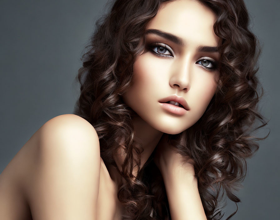 Voluminous curly brown hair, fair skin, striking makeup with smoky eyes on a woman