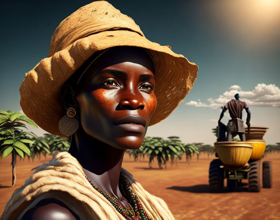 Person in wide-brimmed hat and traditional attire in desert landscape.