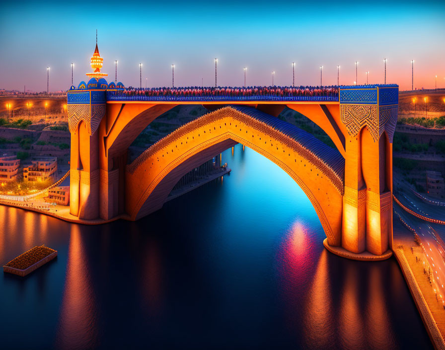 Twilight scene of illuminated bridge with arches and decorative patterns over river.