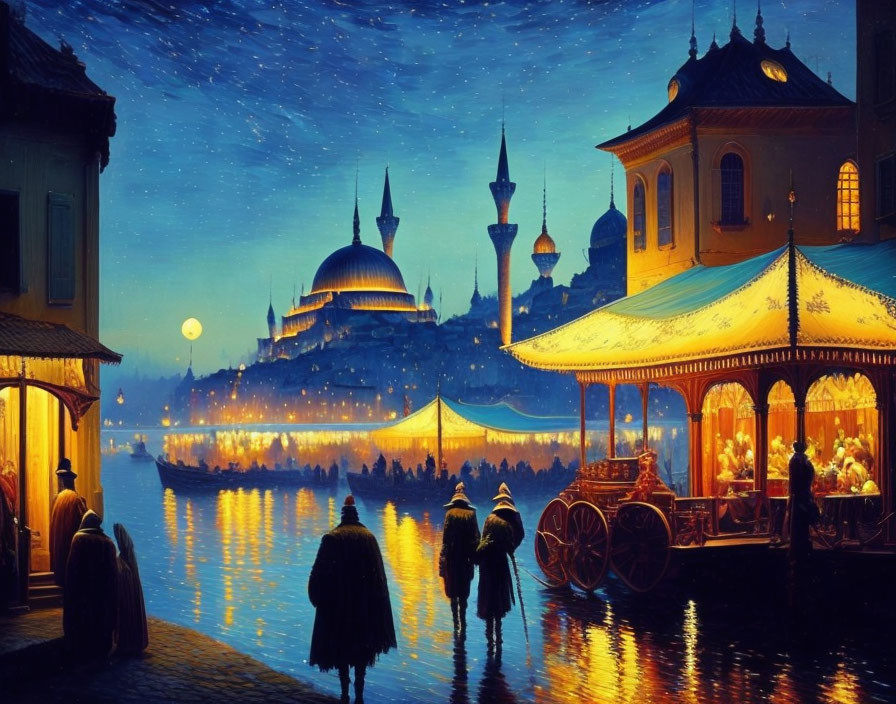 Vibrant night market scene by water with stalls, people, domed buildings, and starry