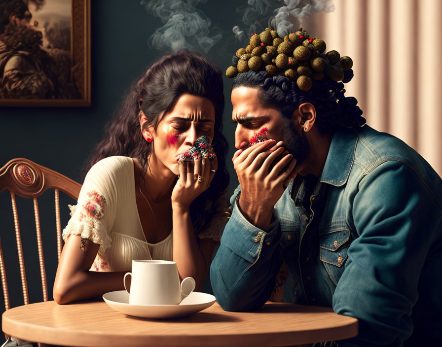 Surreal and humorous scene: Two people at a table, one sneezing into a flower