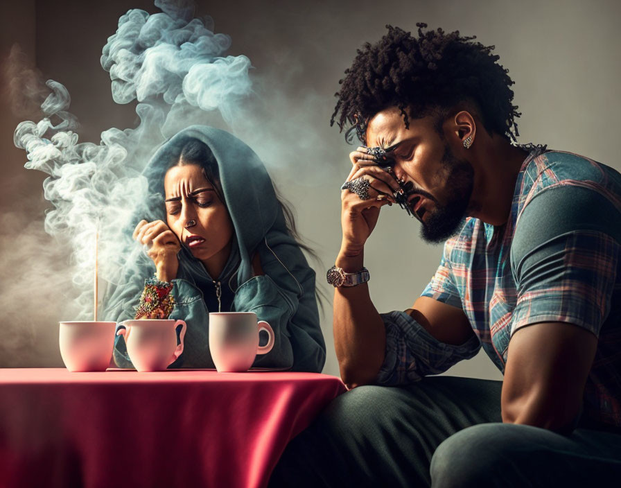 Two individuals reacting to strong smell from steaming cups