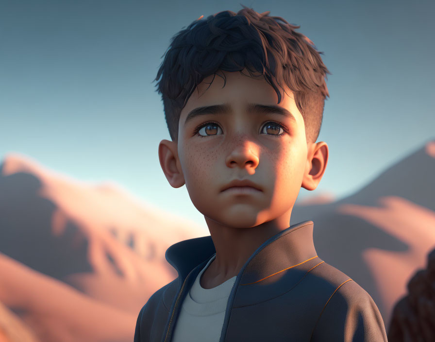 3D-rendered image: Young boy in jacket, contemplative, mountainous dusk backdrop