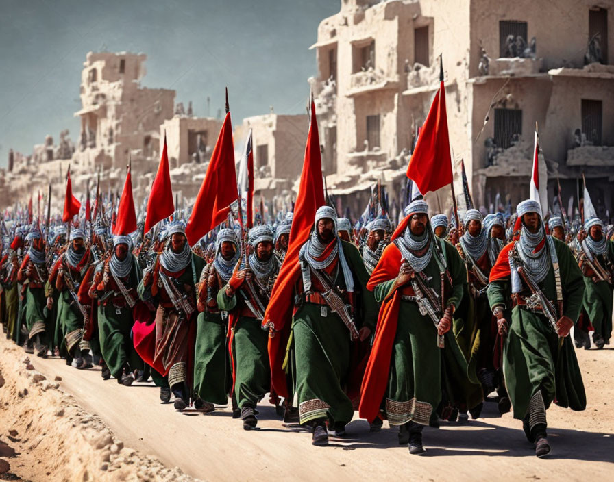 Traditional attire march with flags and rifles by ruined buildings