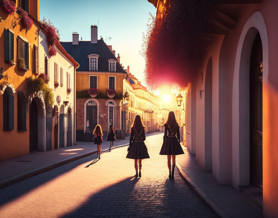 Three people strolling on a charming European street at sunrise