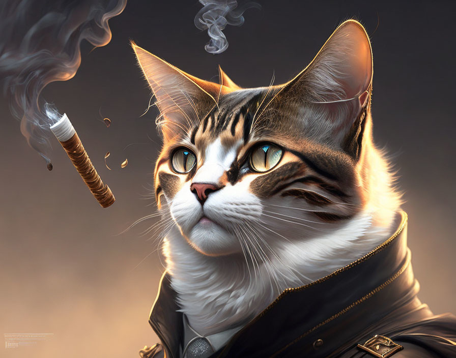 Stylized cat in military jacket smoking cigar on soft-focus backdrop